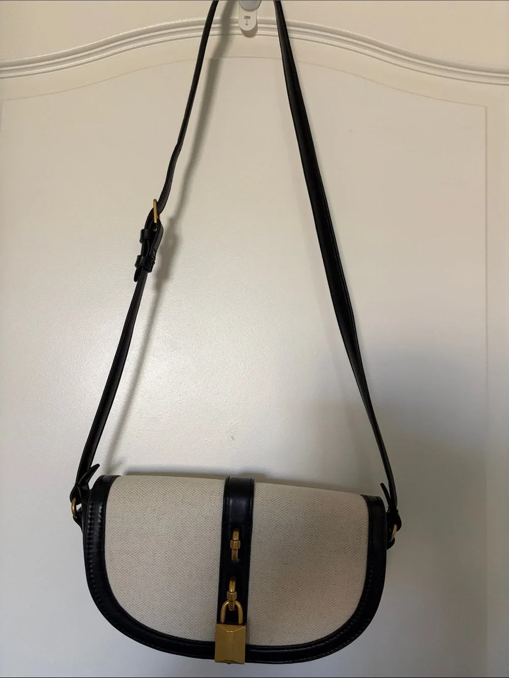 Zara Canvas and Black pleather Crossbody Saddle Bag - 10x6 in, 22 in. strap.